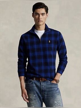 Ralph Lauren polo Plaid Estate-Rib Quarter-Zip Pullover large blue black tartan